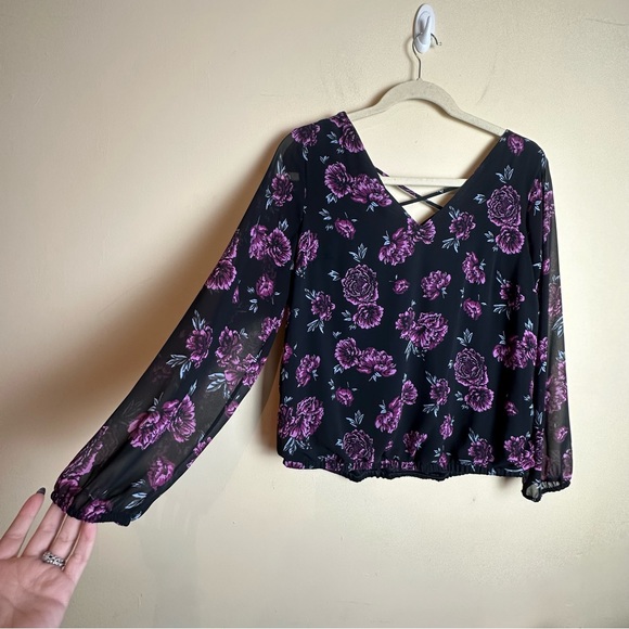 Torrid Black Pink Floral Chiffon Cage Crisscross Back Blouse Women’s Size 1X - Picture 4 of 13